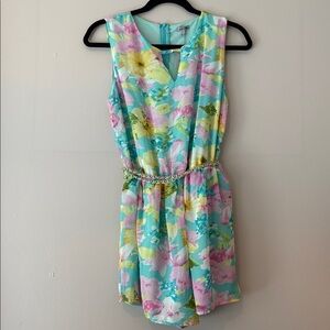 Belted Sleeveless Pastel Floral Print Romper
